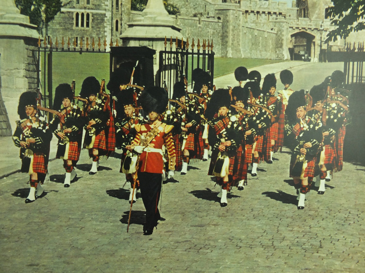 Original Vintage British Windsor Castle Travel Poster Britain Scots guards bagpipes hill round tower travel tourism holiday wall art 1950s