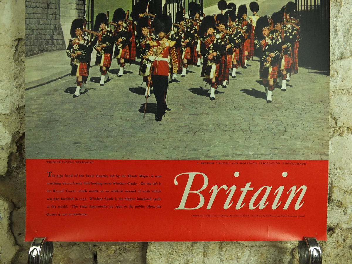 Original Vintage British Windsor Castle Travel Poster Britain Scots guards bagpipes hill round tower travel tourism holiday wall art 1950s