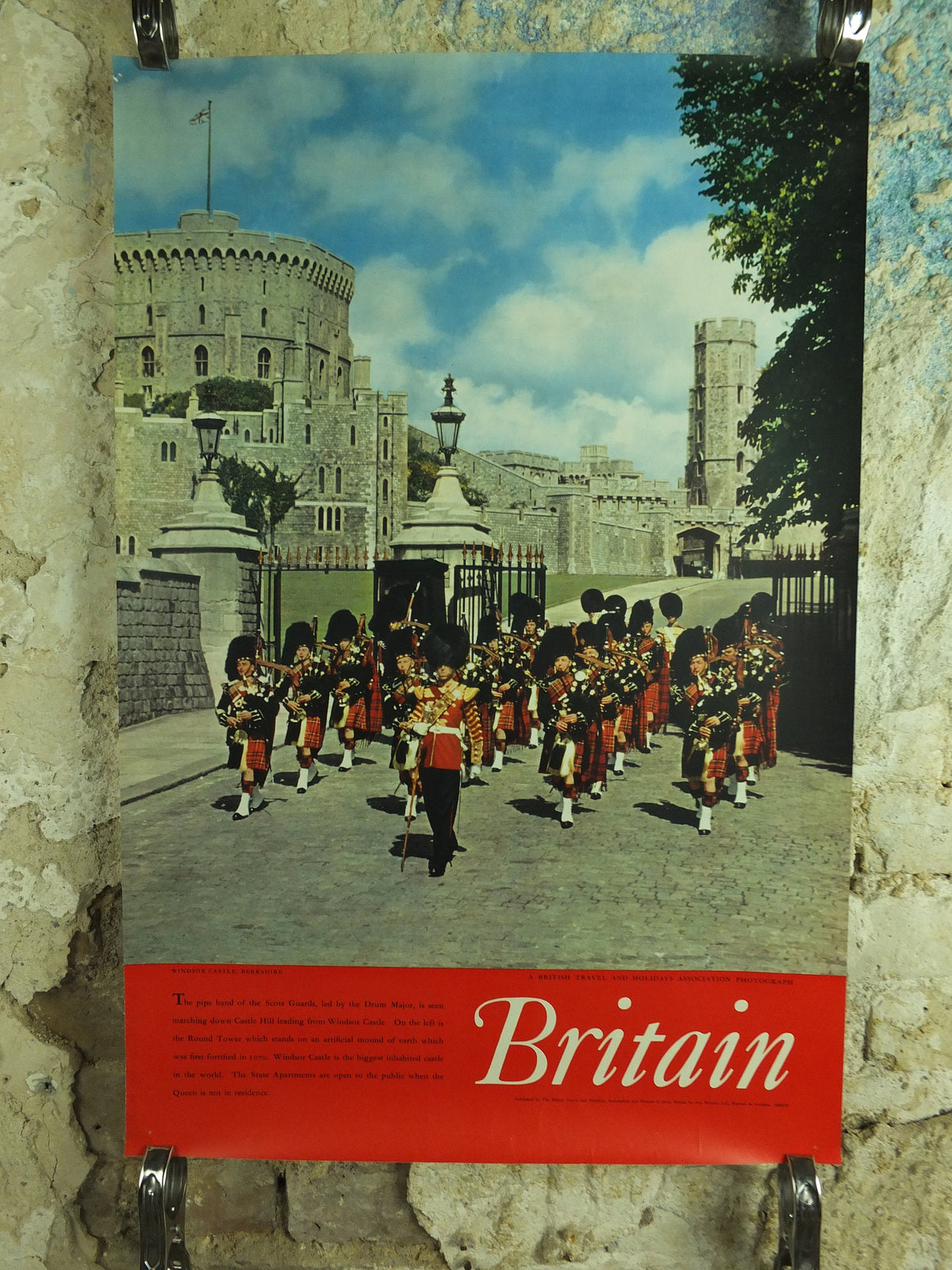 Original Vintage British Windsor Castle Travel Poster Britain Scots guards bagpipes hill round tower travel tourism holiday wall art 1950s