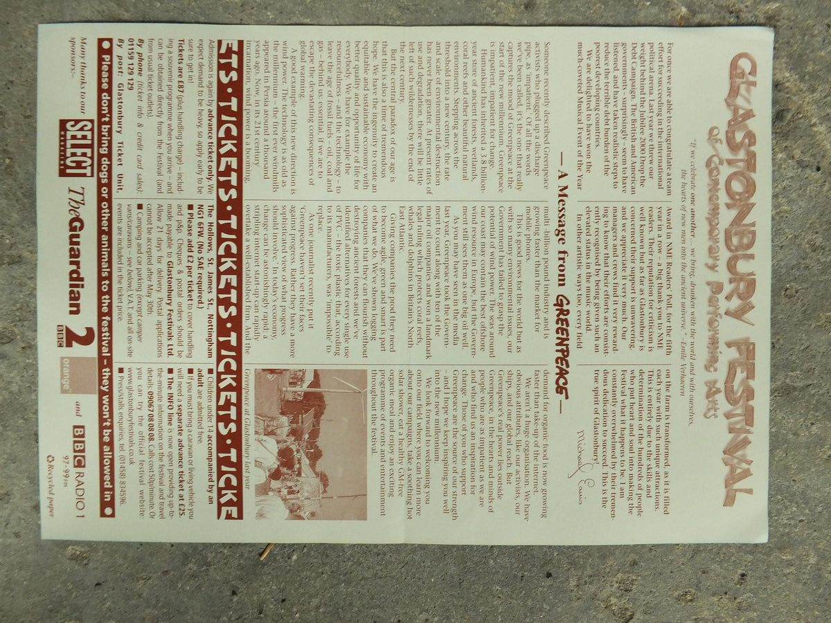 Original Vintage Glastonbury Festival 2000 Poster Greenpeace david bowie muse chemical brothers concert gig show music print wall art 1990s
