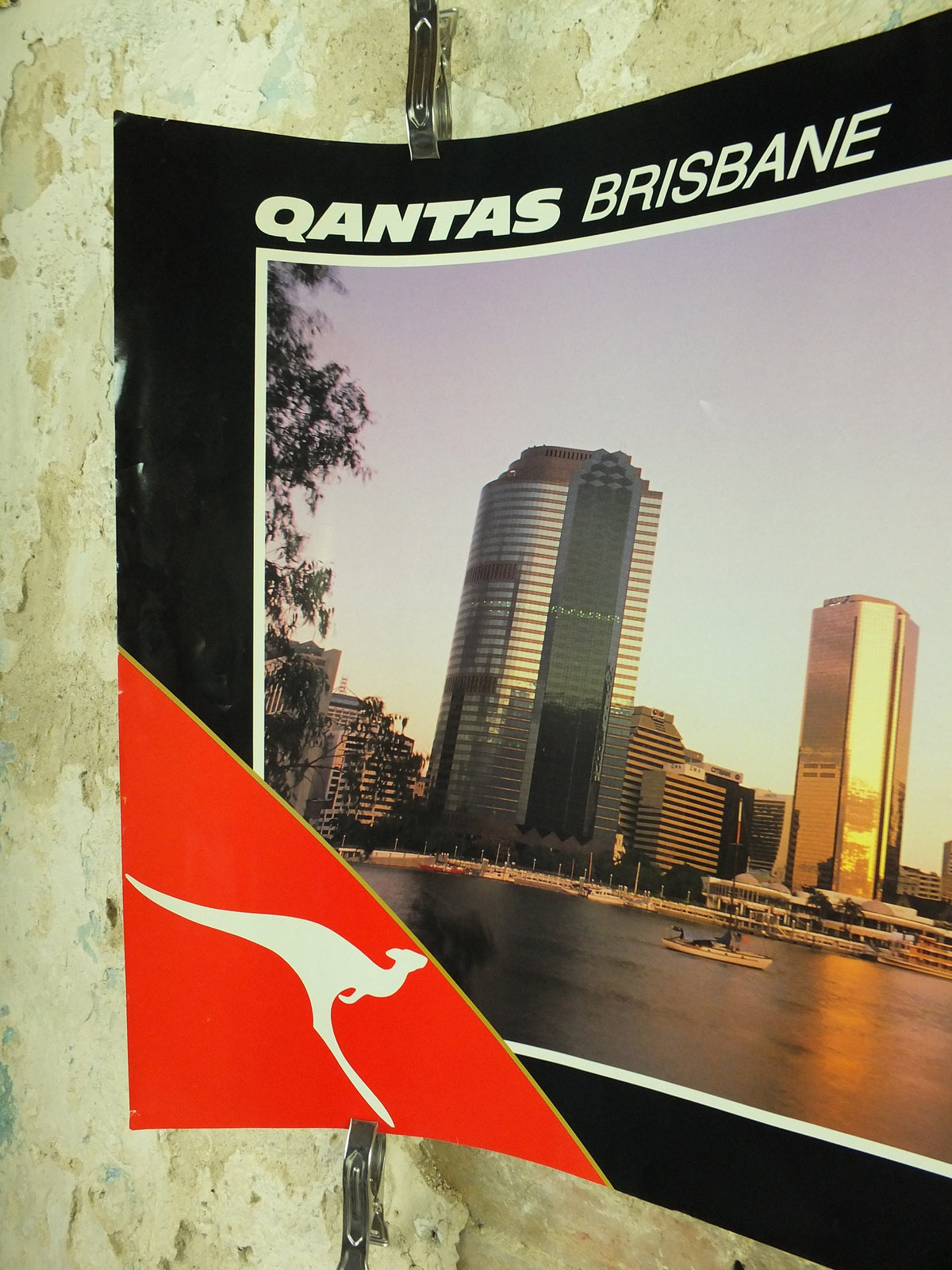 Original Vintage Australia Qantas Brisbane Travel Poster city bay harbour skyscrapers travel tourism holiday vacation wall art 1990