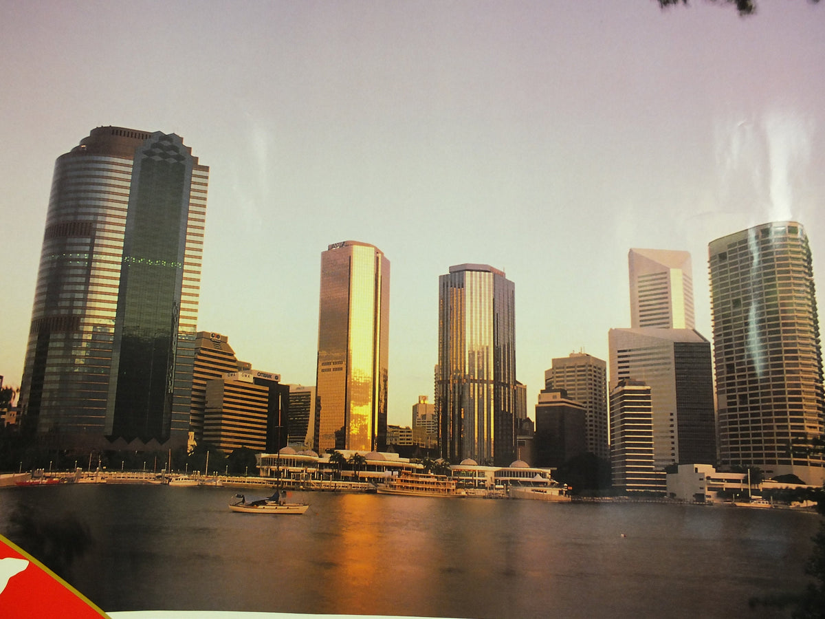 Original Vintage Australia Qantas Brisbane Travel Poster city bay harbour skyscrapers travel tourism holiday vacation wall art 1990
