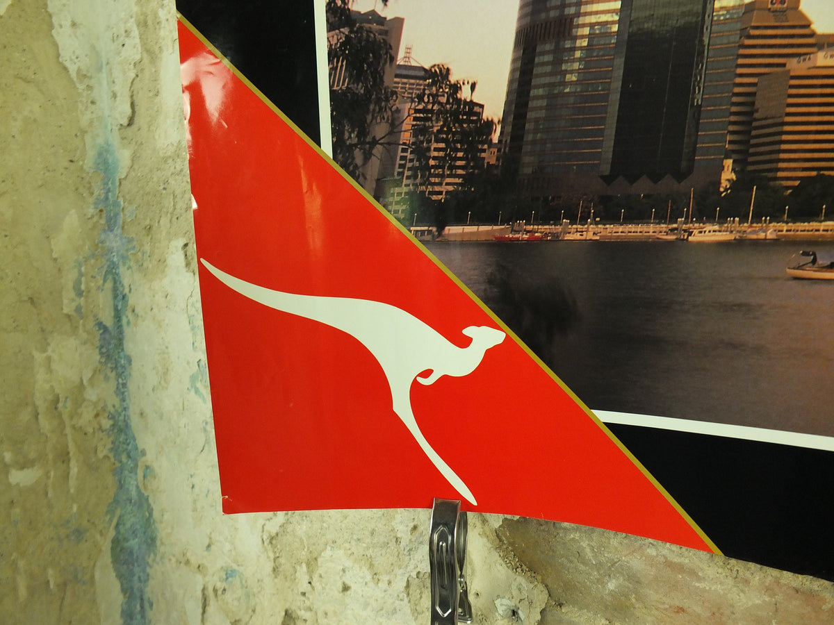 Original Vintage Australia Qantas Brisbane Travel Poster city bay harbour skyscrapers travel tourism holiday vacation wall art 1990