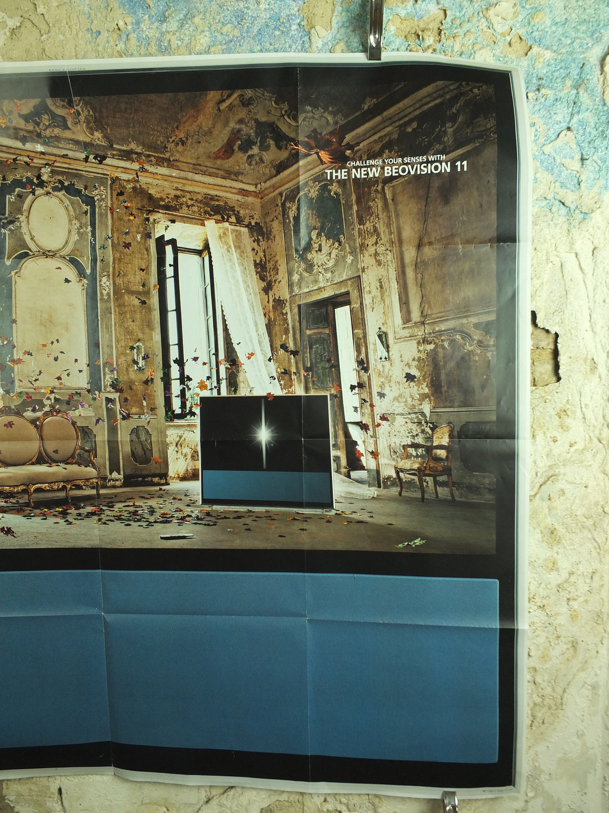 Original Bang & Olufsen Beovision Television Poster distressed leaves tv stately home and Danish Scandanavian advertising wall art 2000s