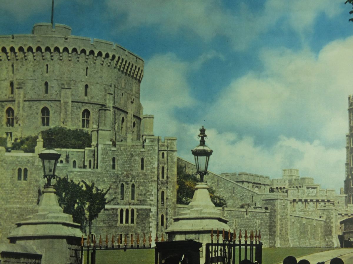 Original Vintage British Windsor Castle Travel Poster Britain Scots guards bagpipes hill round tower travel tourism holiday wall art 1950s