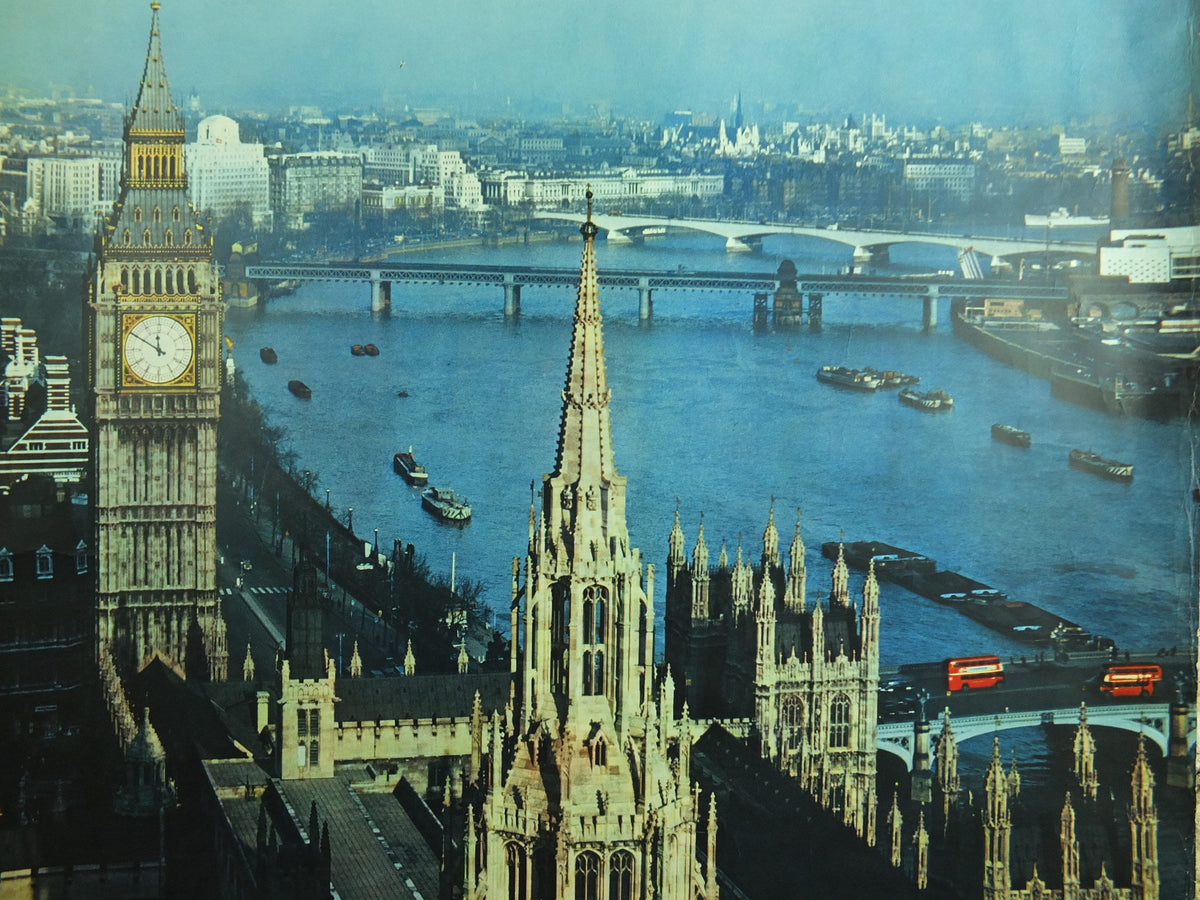 Original Vintage Great Britain Houses of Parliament Travel Poster London Britain River Thames travel tourism holiday vacation wall art 1950s