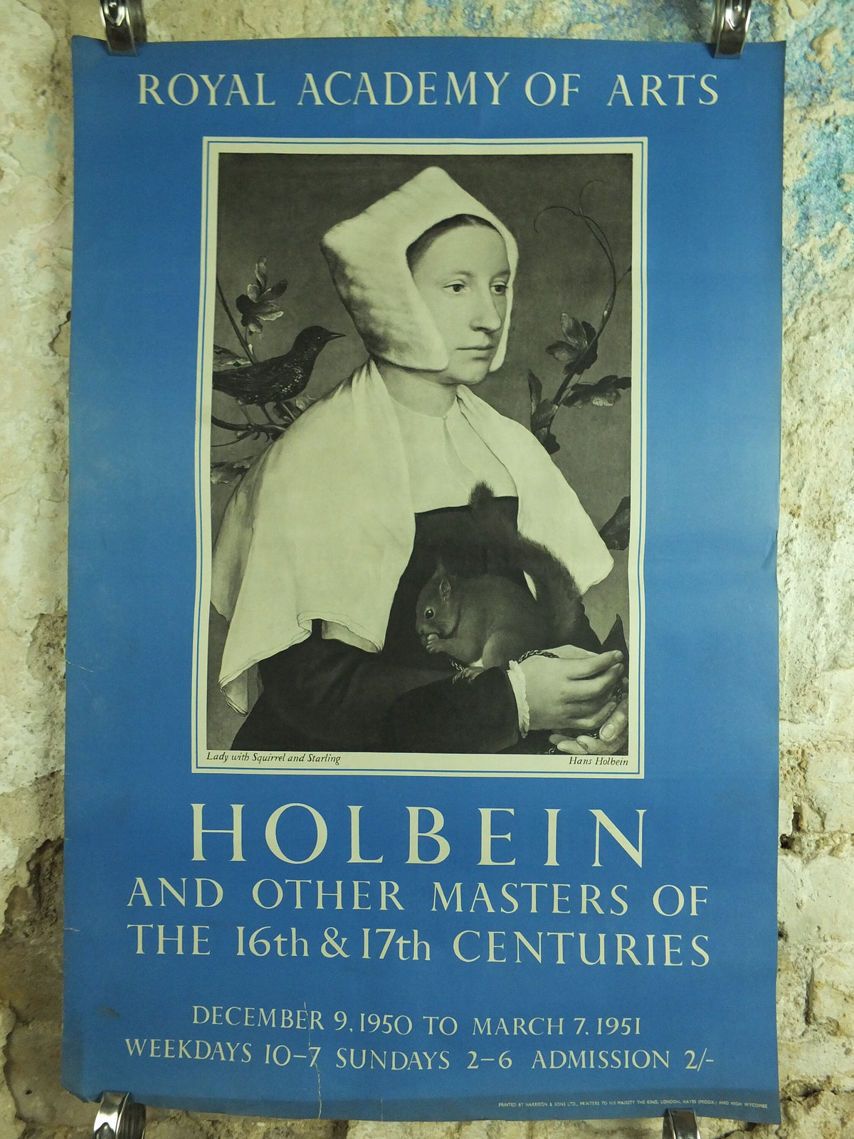 Original Vintage Royal Academy of Arts Poster Holbien and Masters 16C 17C Lady Squirrel Starling gallery exhibition wall art 1950s