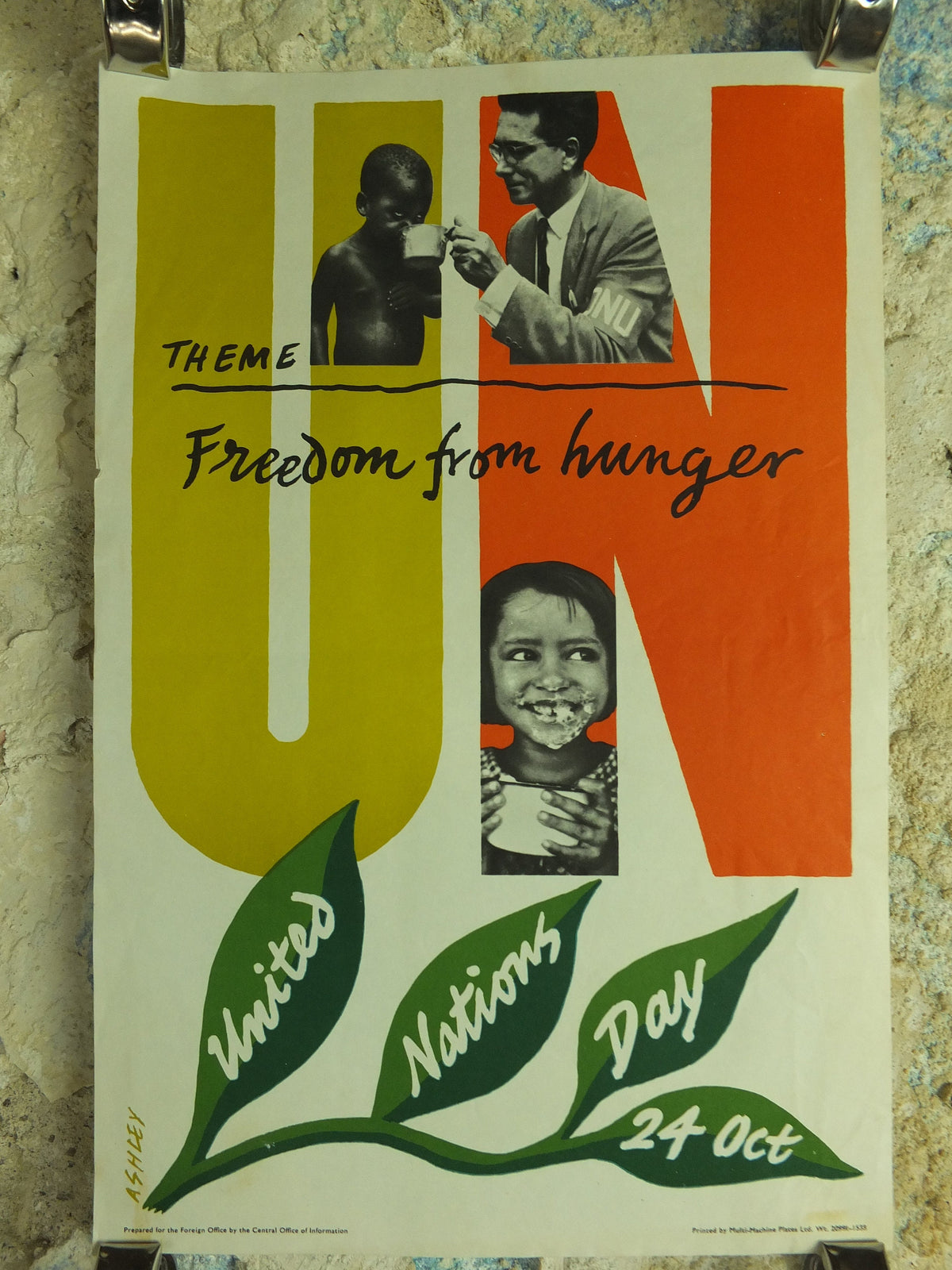 Original Vintage United Nations Poster Freedom from Hunger United Nations Day 24 October Ashley starve starvation print wall art 1960s