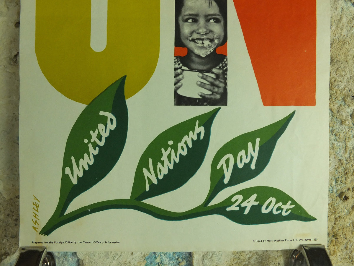 Original Vintage United Nations Poster Freedom from Hunger United Nations Day 24 October Ashley starve starvation print wall art 1960s