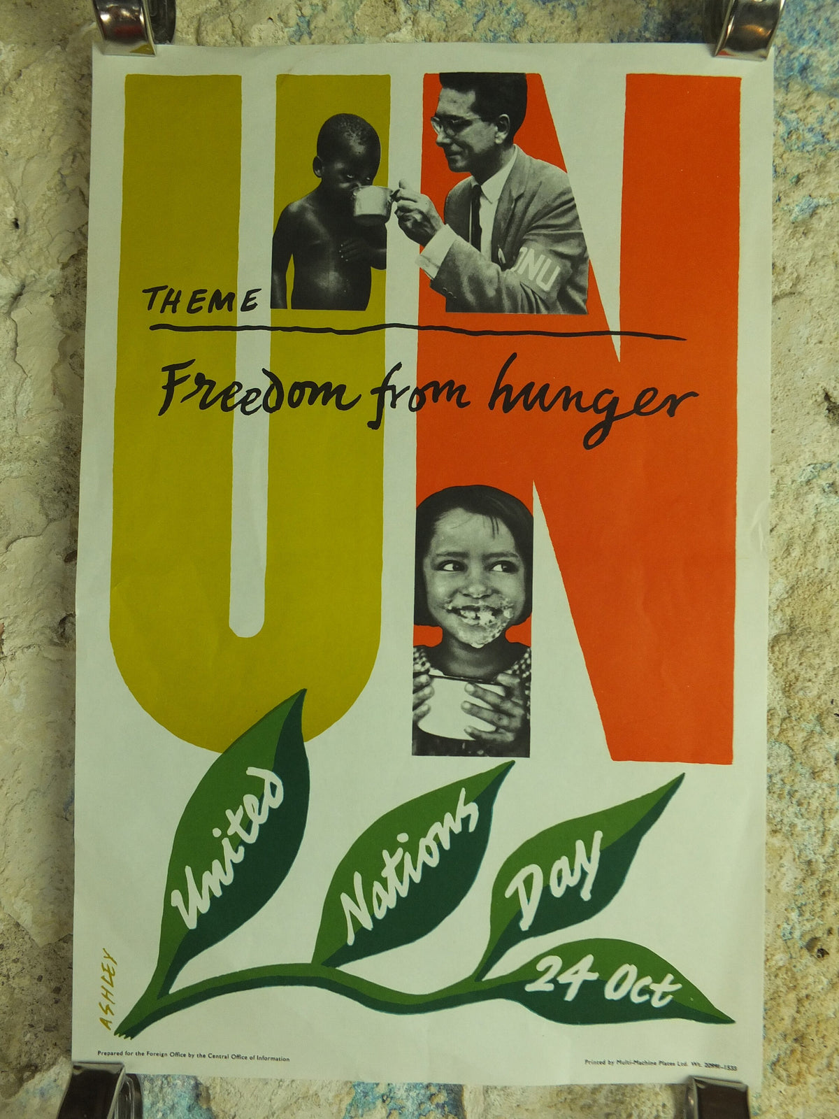 Original Vintage United Nations Poster Freedom from Hunger United Nations Day 24 October Ashley starve starvation print wall art 1960s