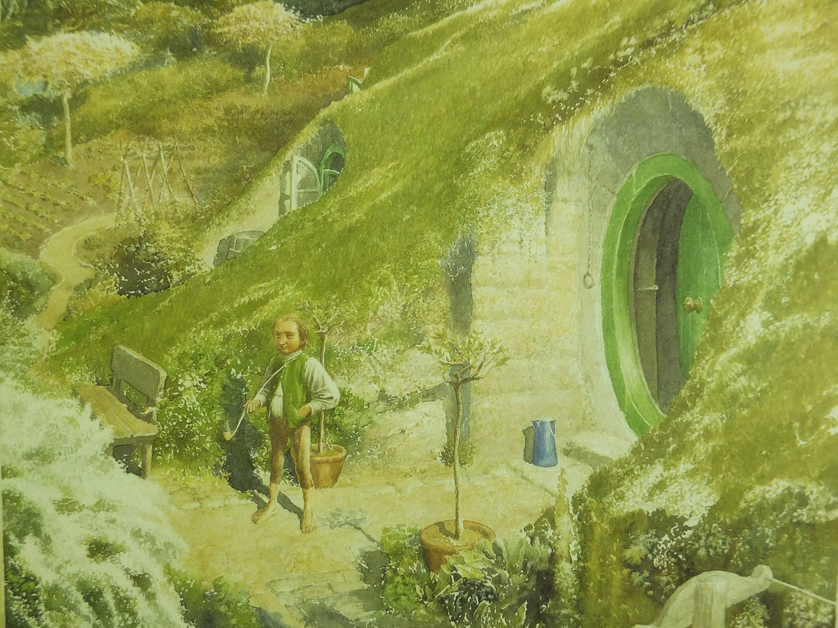 1997 Bilbo at Bag End Poster, by Alan Lee, The Shire from The Hobbit, J.R.R. Tolkien, Hobbiton, illustration print wall art decor