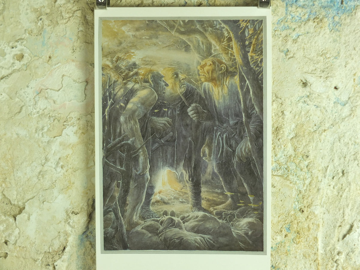 1997 The Stone Trolls Poster, by Alan Lee, Trolls capture the dwarves from The Hobbit, J.R.R. Tolkien, illustration print wall art decor