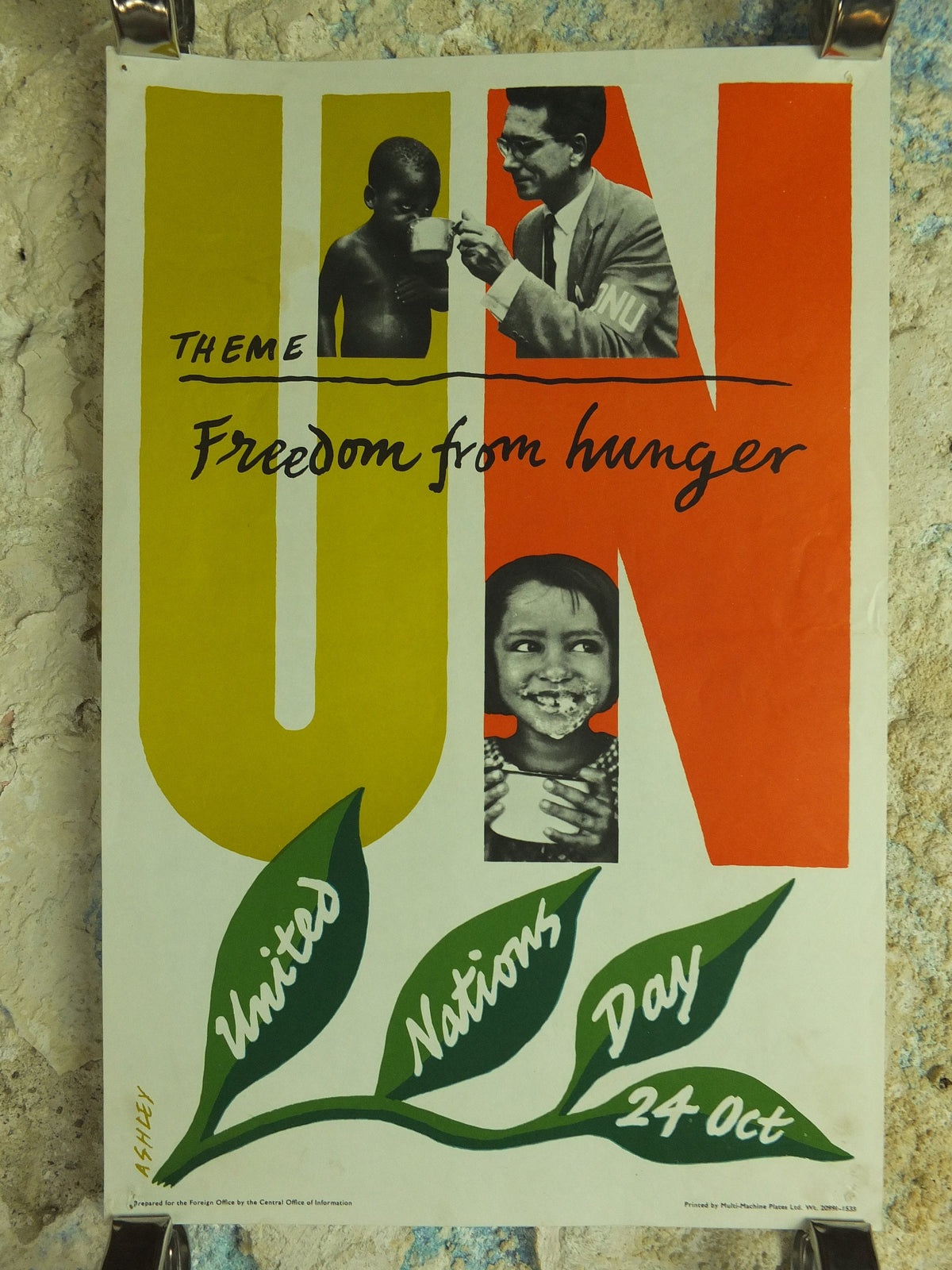 Original Vintage United Nations Poster Freedom from Hunger United Nations Day 24 October Ashley starve starvation print wall art 1960s