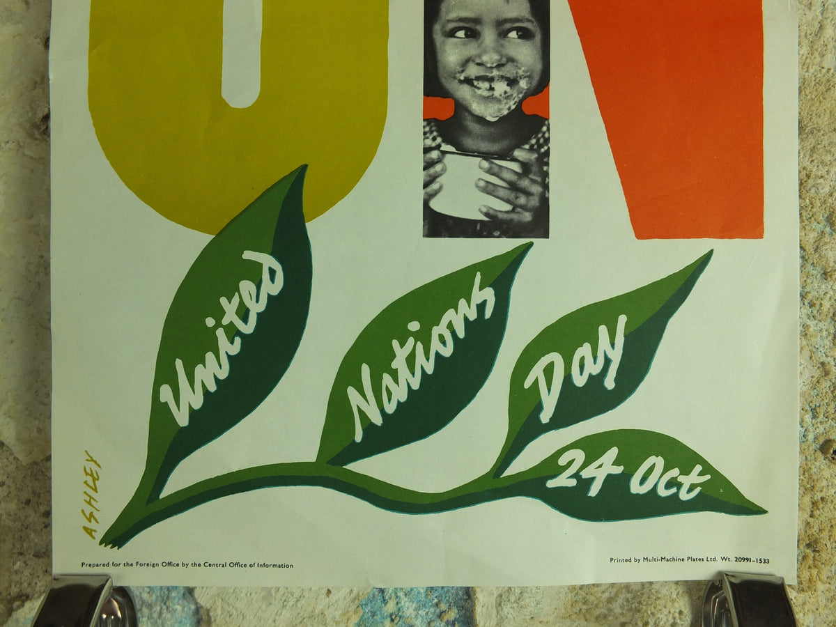 Original Vintage United Nations Poster Freedom from Hunger United Nations Day 24 October Ashley starve starvation print wall art 1960s