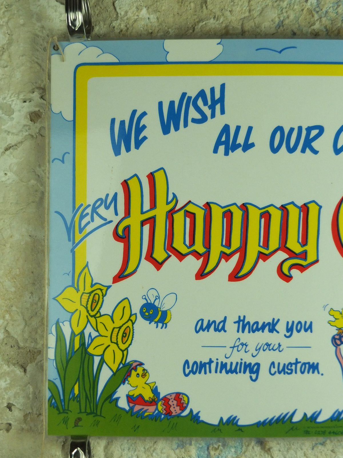 Unique Original Vintage Retail "We wish all our customers a Happy Easter" Sign for a shop window laminated 1993 1990s