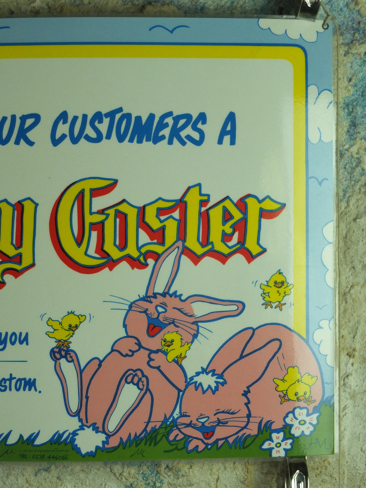Unique Original Vintage Retail "We wish all our customers a Happy Easter" Sign for a shop window laminated 1993 1990s