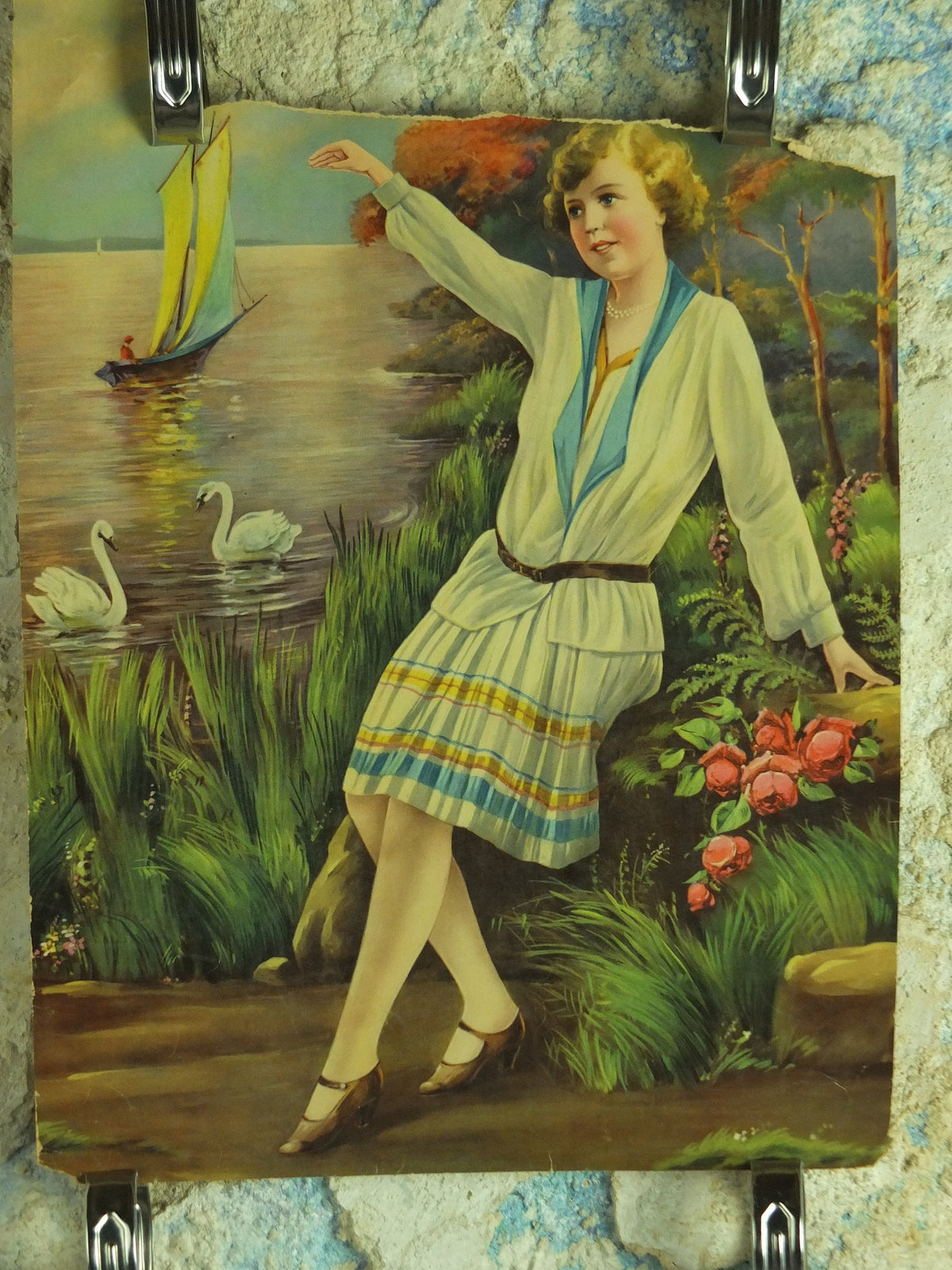 Damaged Original Vintage Colourful Art Deco pin up Girl with Swans Print wall art 1920s / 1930s