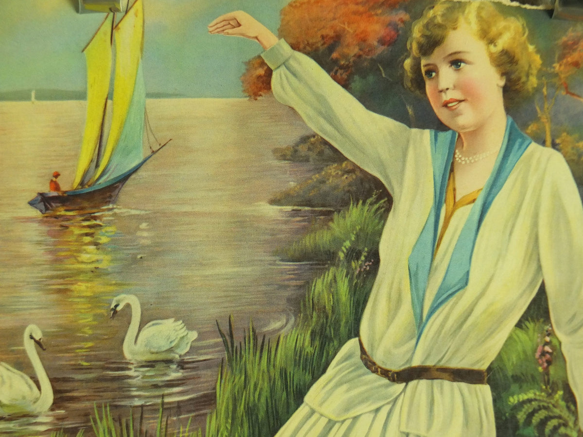 Damaged Original Vintage Colourful Art Deco pin up Girl with Swans Print wall art 1920s / 1930s