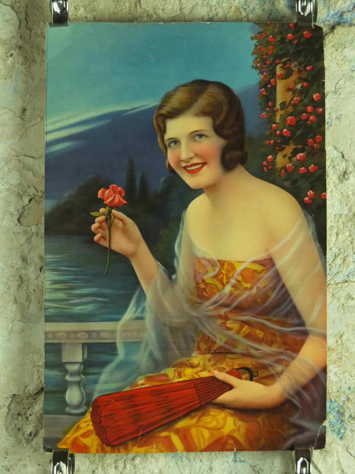 Original Vintage Colourful Art Deco “Fan and Roses” Print lake wall art 1920s / 1930s