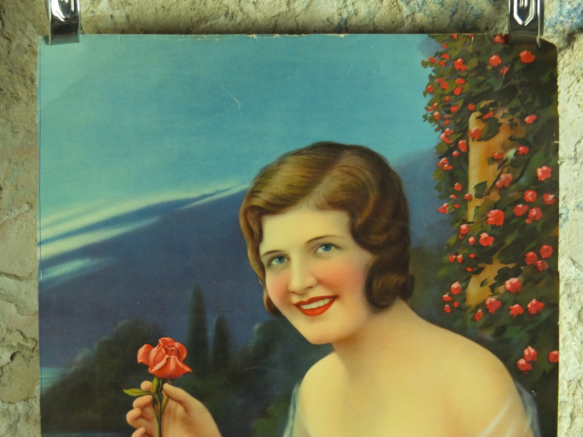 Original Vintage Colourful Art Deco “Fan and Roses” Print lake wall art 1920s / 1930s