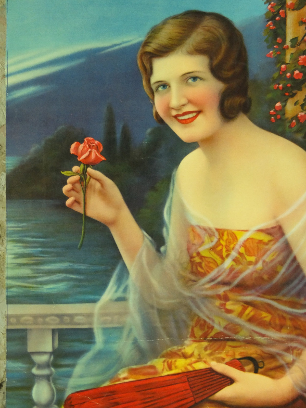 Original Vintage Colourful Art Deco “Fan and Roses” Print lake wall art 1920s / 1930s