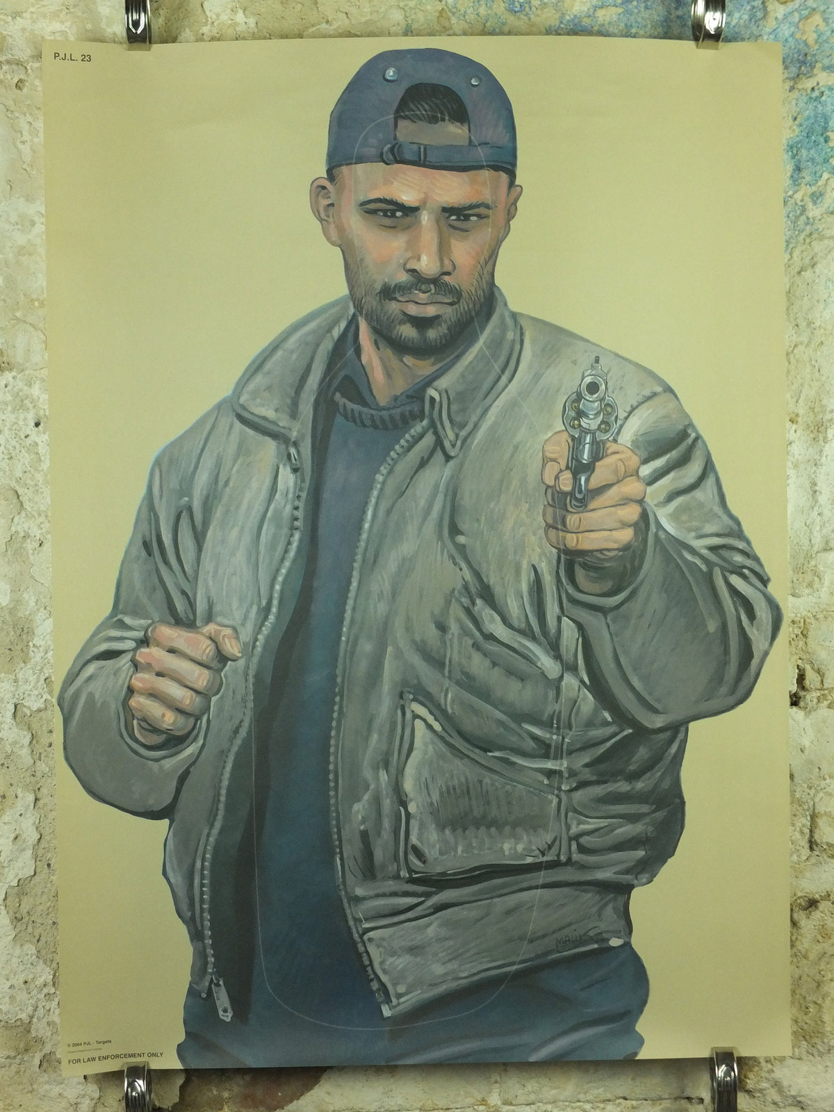 Vintage Belgian Criminal Target Poster, Malik William Tai, Law Enforcement, comic cartoon gun police illustration