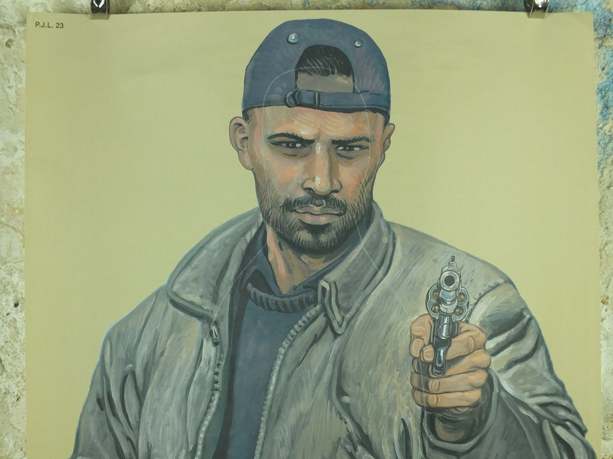 Vintage Belgian Criminal Target Poster, Malik William Tai, Law Enforcement, comic cartoon gun police illustration