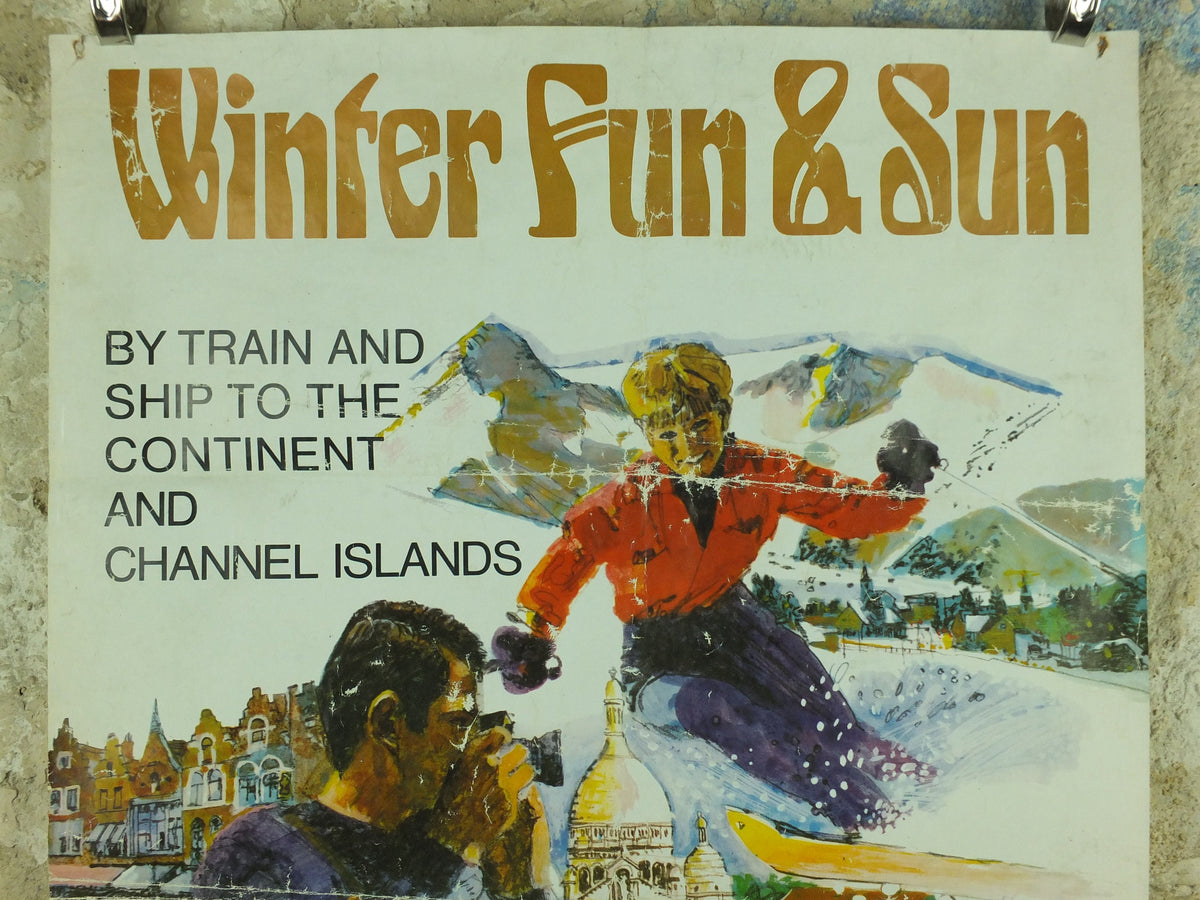 Vintage 1970s British Rail Ski Poster, Winter Fun & Sun, travel tourism skiing, wall art