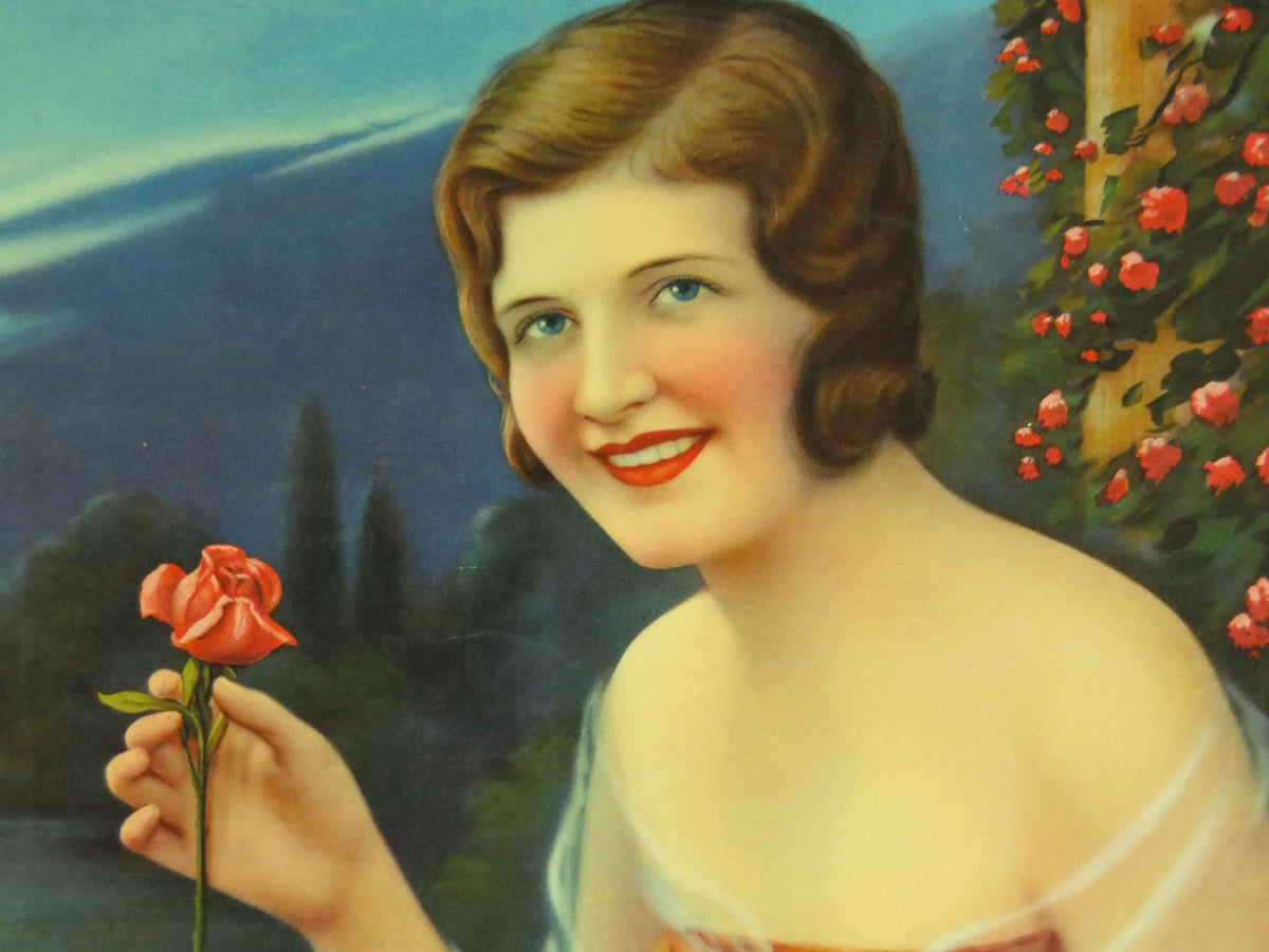 Original Vintage Colourful Art Deco “Fan and Roses” Print lake wall art 1920s / 1930s