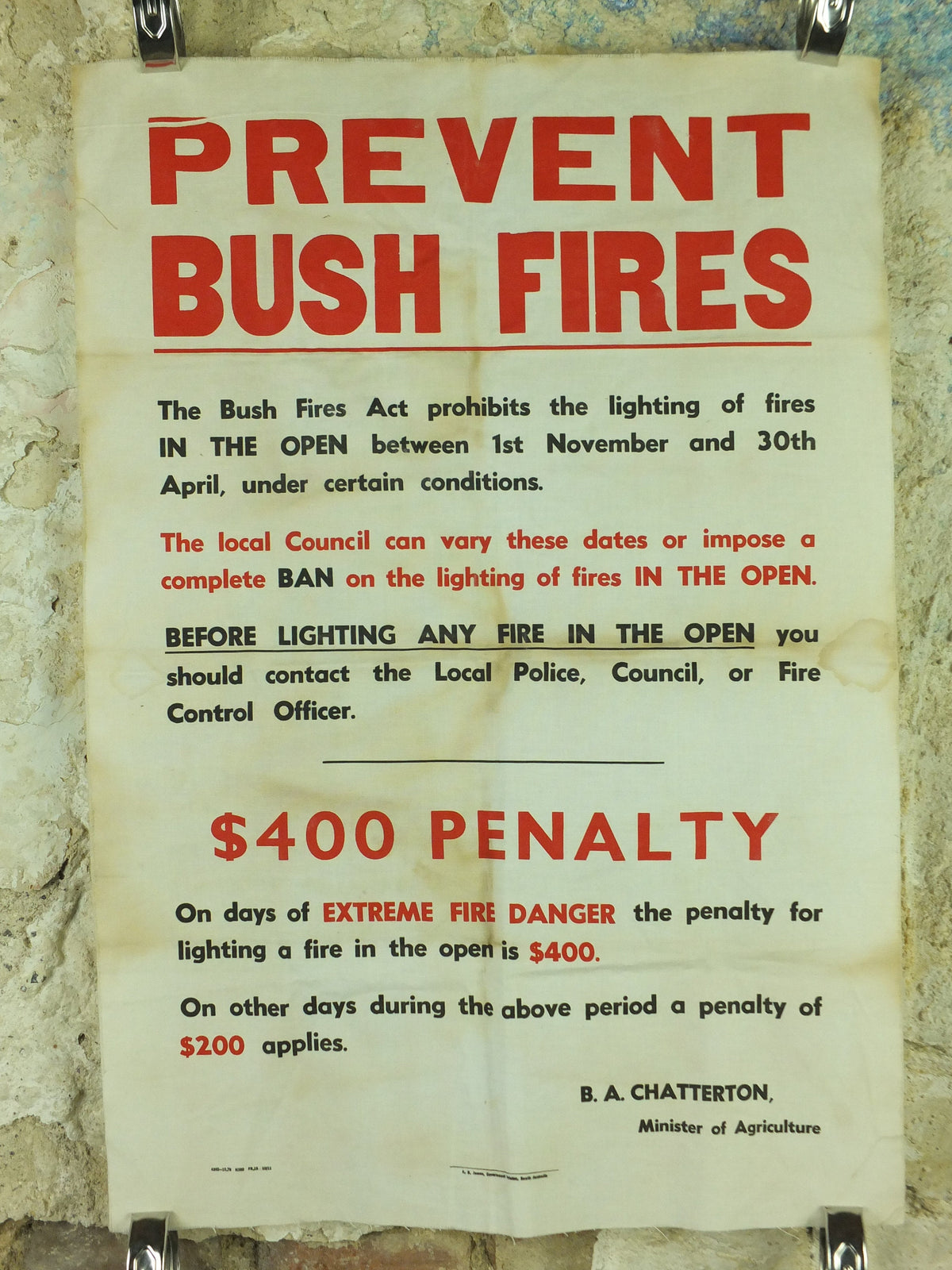 Vintage Australian Prevent Bush Fires Poster, 400 dollar fine, signed by B Chatterton, Minister for Agriculture wall art from the 1970s