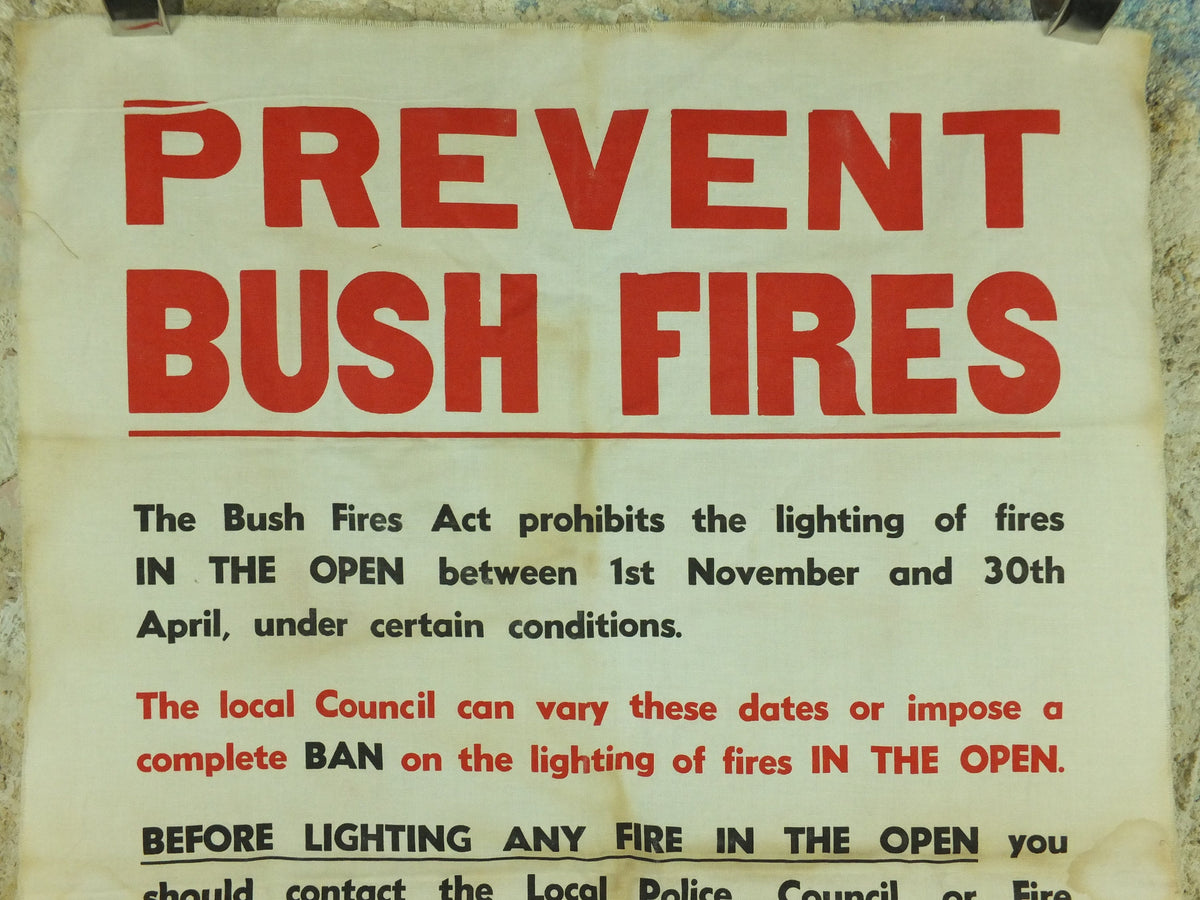 Vintage Australian Prevent Bush Fires Poster, 400 dollar fine, signed by B Chatterton, Minister for Agriculture wall art from the 1970s