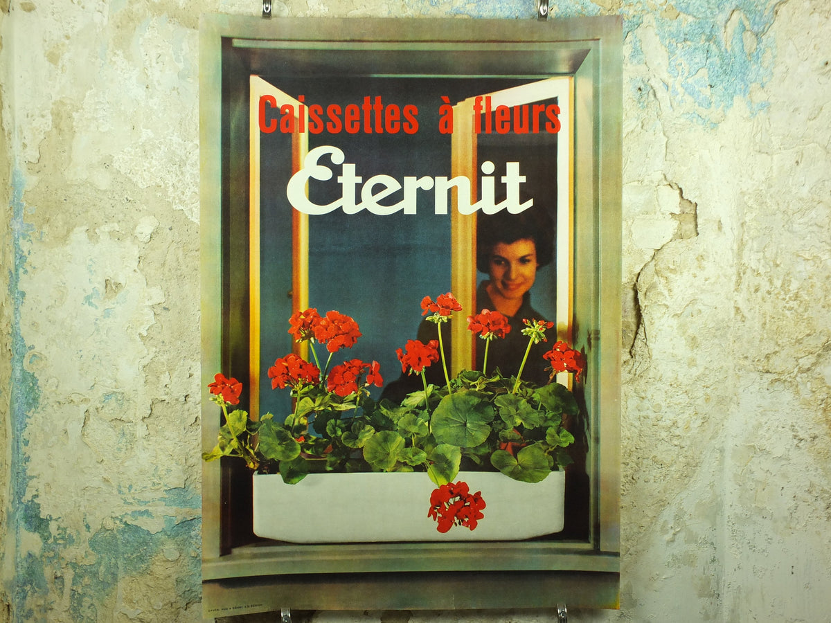 Vintage Eternity Geranium Flower Box Poster, Eternit Caissettes a Fleurs brand, pelagonium, 1959 advertising poster, , wall art retro 1950s
