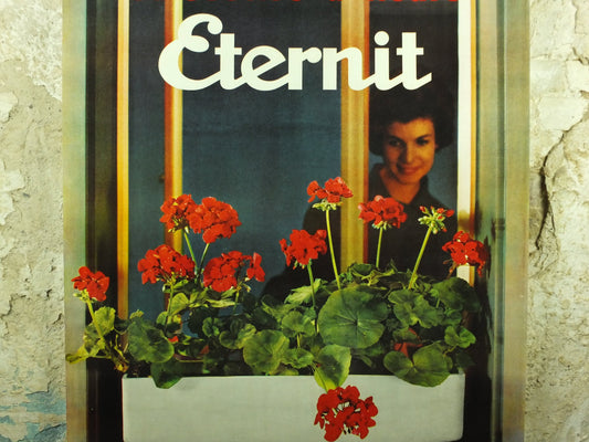 Vintage Eternity Geranium Flower Box Poster, Eternit Caissettes a Fleurs brand, pelagonium, 1959 advertising poster, , wall art retro 1950s