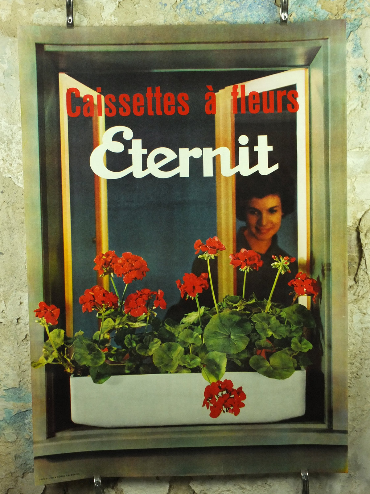 Vintage Eternity Geranium Flower Box Poster, Eternit Caissettes a Fleurs brand, pelagonium, 1959 advertising poster, , wall art retro 1950s