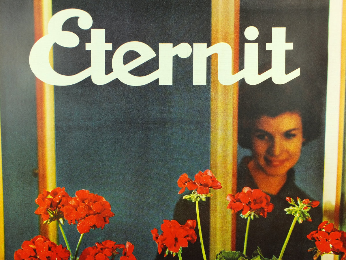 Vintage Eternity Geranium Flower Box Poster, Eternit Caissettes a Fleurs brand, pelagonium, 1959 advertising poster, , wall art retro 1950s