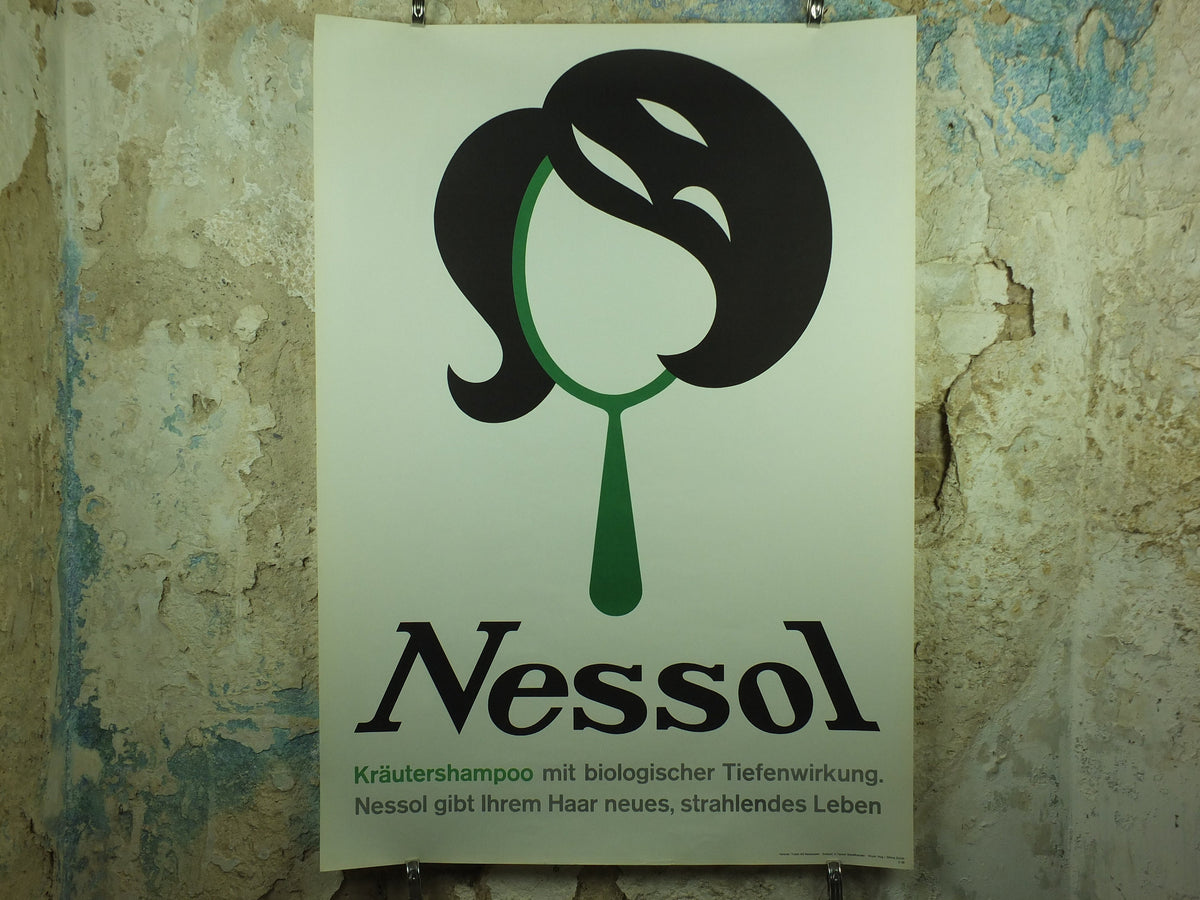 Vintage Hair Product and Style Poster, Nessol brand, Mirror, herbal shampoo, 1966 advertising poster, wall art retro 1950s