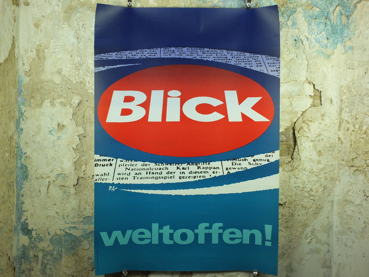 Vintage Media and Newspaper Poster, Blick brand, 1970 tabloid advertising poster, wall art retro 1970s