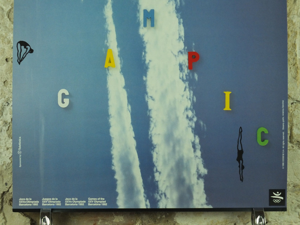 Vintage Barcelona Olympic Poster, Diving and Aquatics by America Sanchez, 1992, XXV Olympiad, post modern, sport wall art 1990s