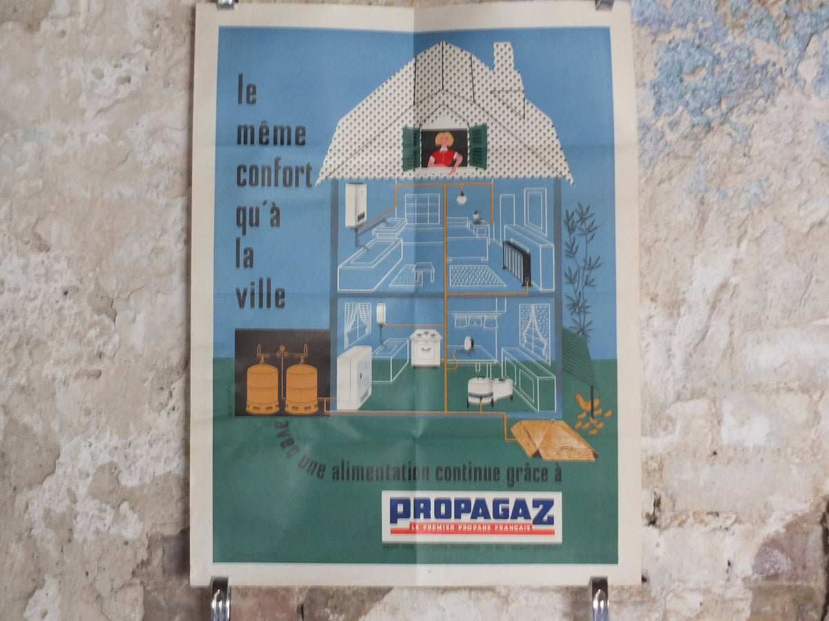 Original Vintage French Propagaz gas poster advertising cylinder home heating boiler Mariner industrial art wall interior design 1970s
