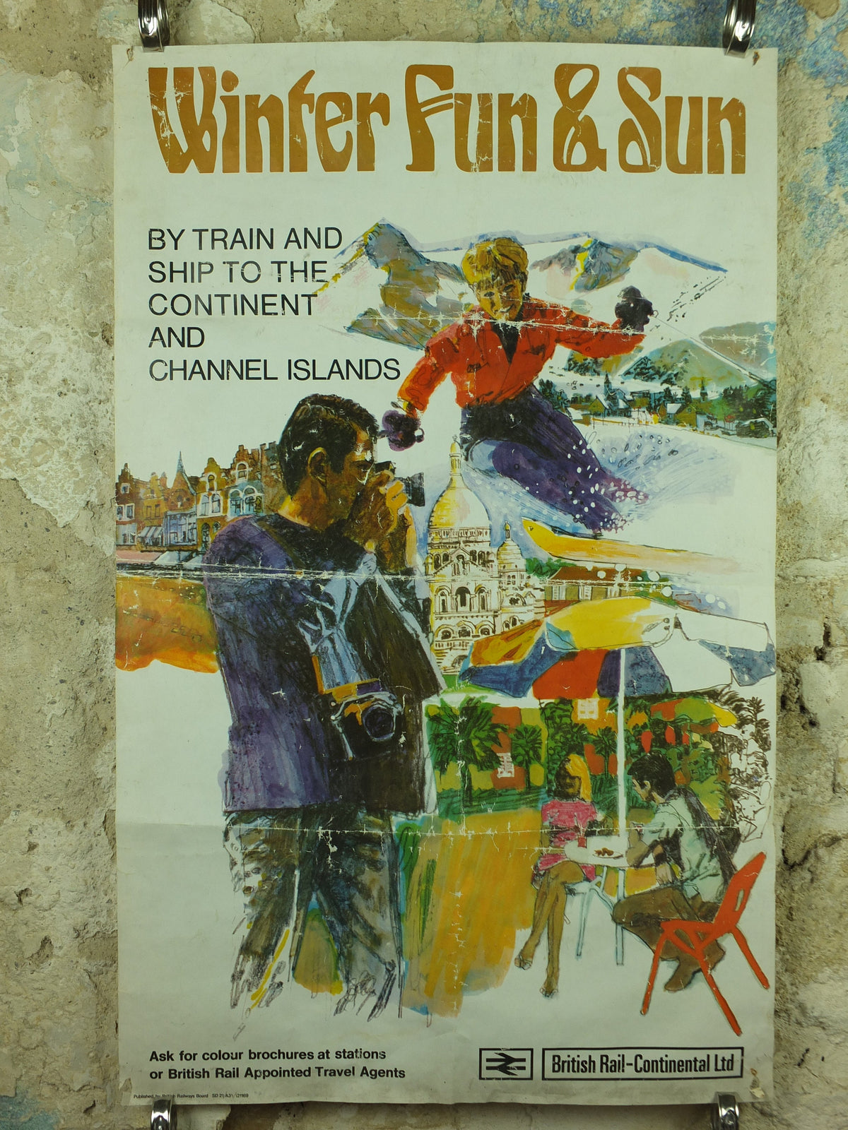 Vintage 1970s British Rail Ski Poster, Winter Fun & Sun, travel tourism skiing, wall art