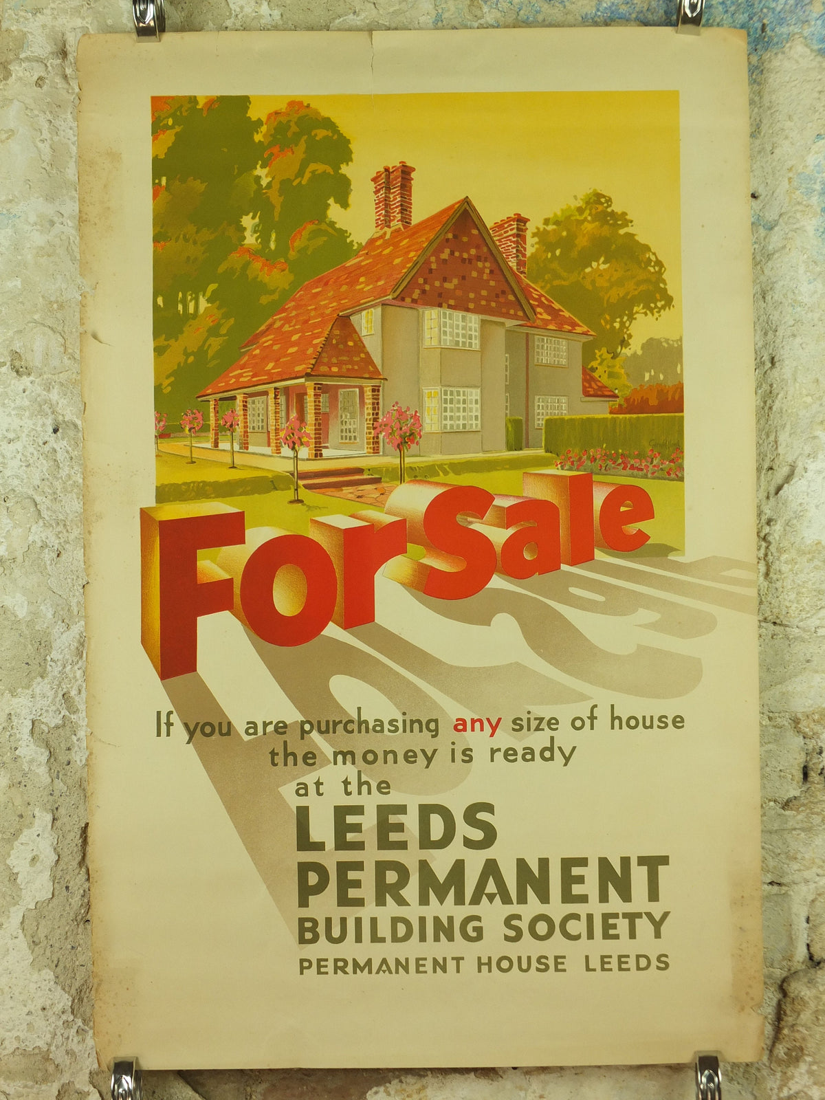 Vintage Leeds Building Society Poster, by Gerald Hood, art deco, For Sale, house and home, art nouveau Advertising wall art 1930s