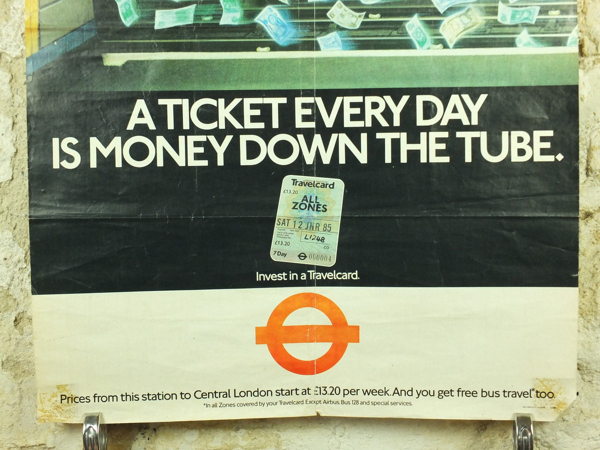 Vintage Tube London Underground Poster, 1980s Travelcard, authentic London history, travel and tourism tourist wall art