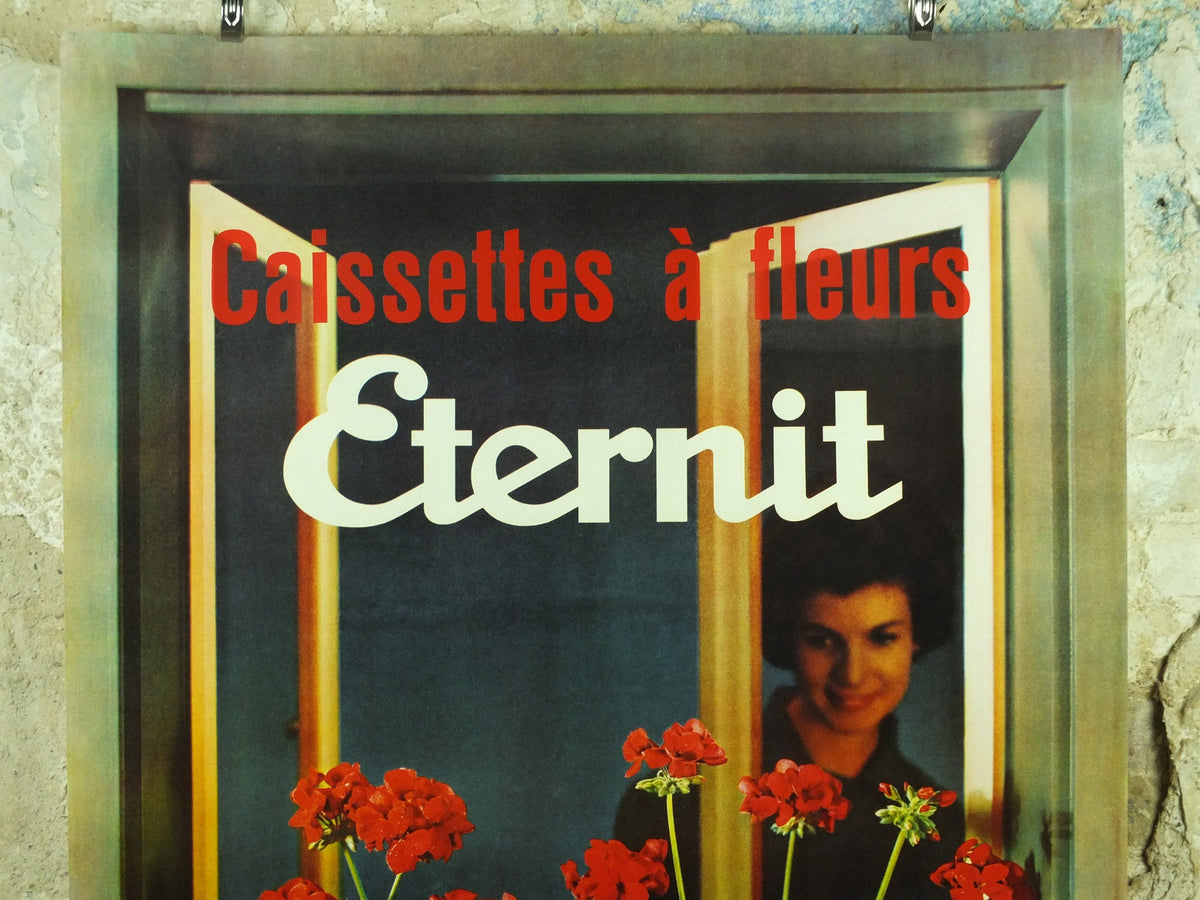 Vintage Eternity Geranium Flower Box Poster, Eternit Caissettes a Fleurs brand, pelagonium, 1959 advertising poster, , wall art retro 1950s