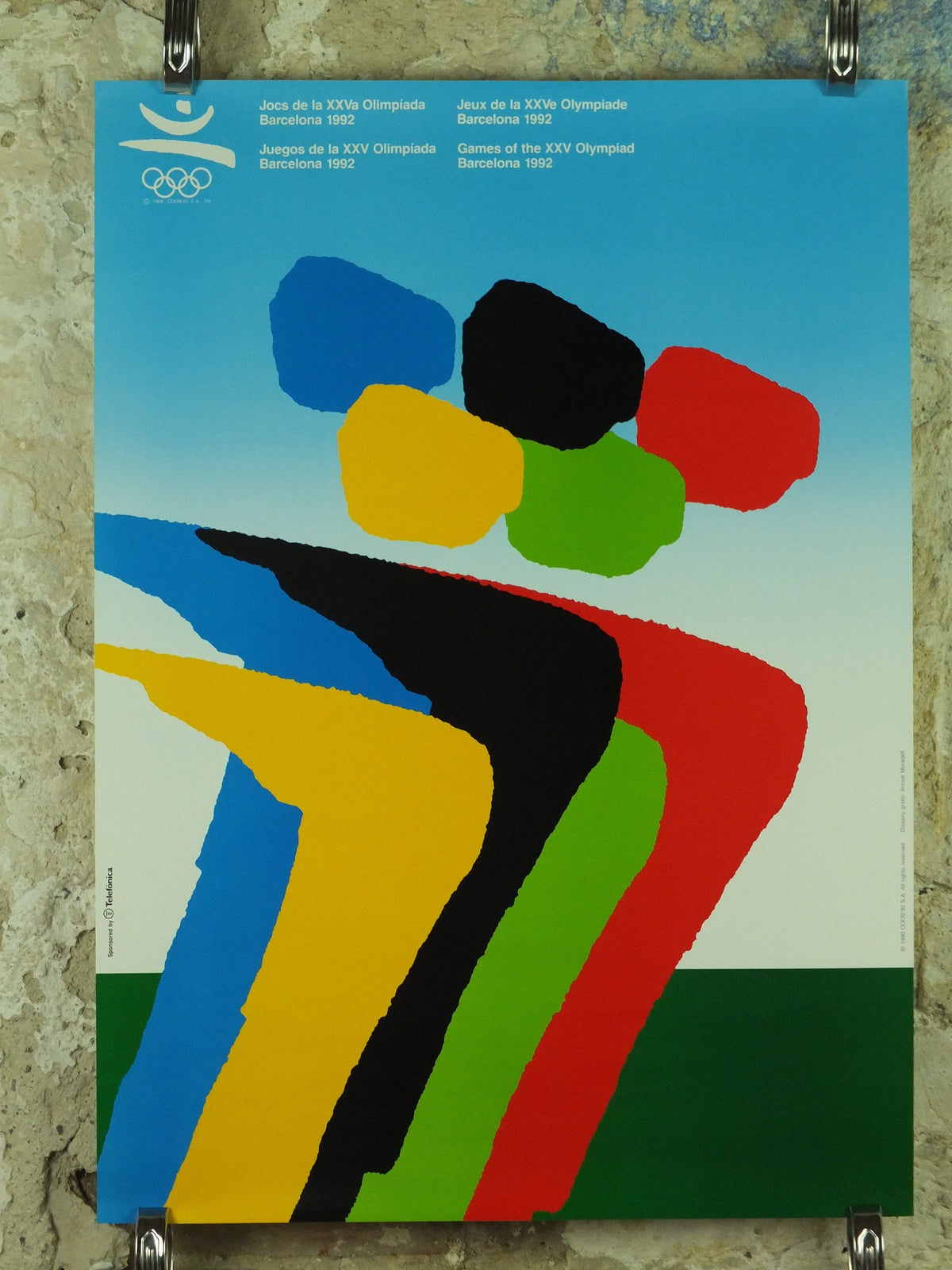 Vintage Barcelona Olympic Poster, Olympic Rings and Athletes by Arcadi Moradell, 1992, XXV Olympiad, post modern, sport wall art 1990s