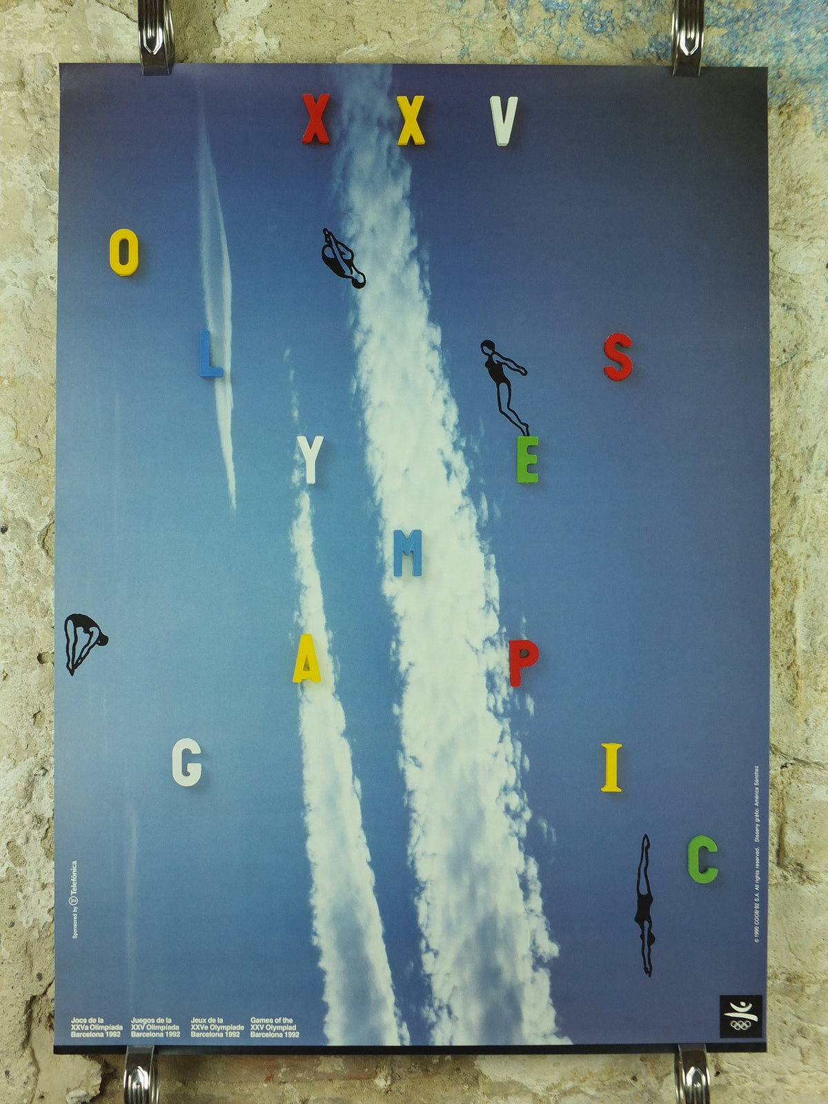 Vintage Barcelona Olympic Poster, Diving and Aquatics by America Sanchez, 1992, XXV Olympiad, post modern, sport wall art 1990s