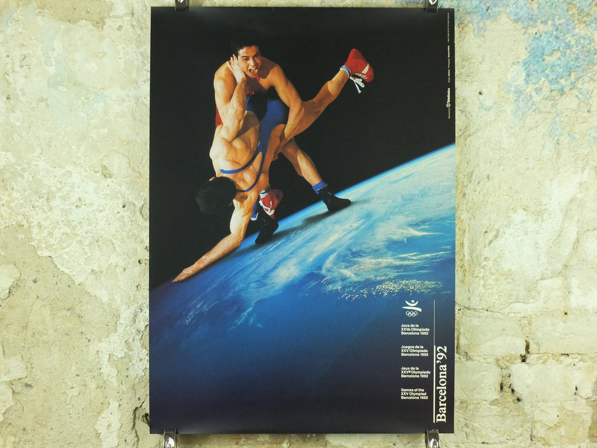 Vintage Barcelona Olympic Poster, Wrestling by Addison Allsport / NASA, 1992, XXV Olympiad, post modern, sport wall art 1990s