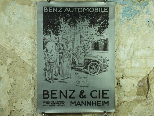 Vintage German Mercedes Benz Poster, Benz & CIE, Mannheim, art deco nouveau, Advertising print wall art 1980s