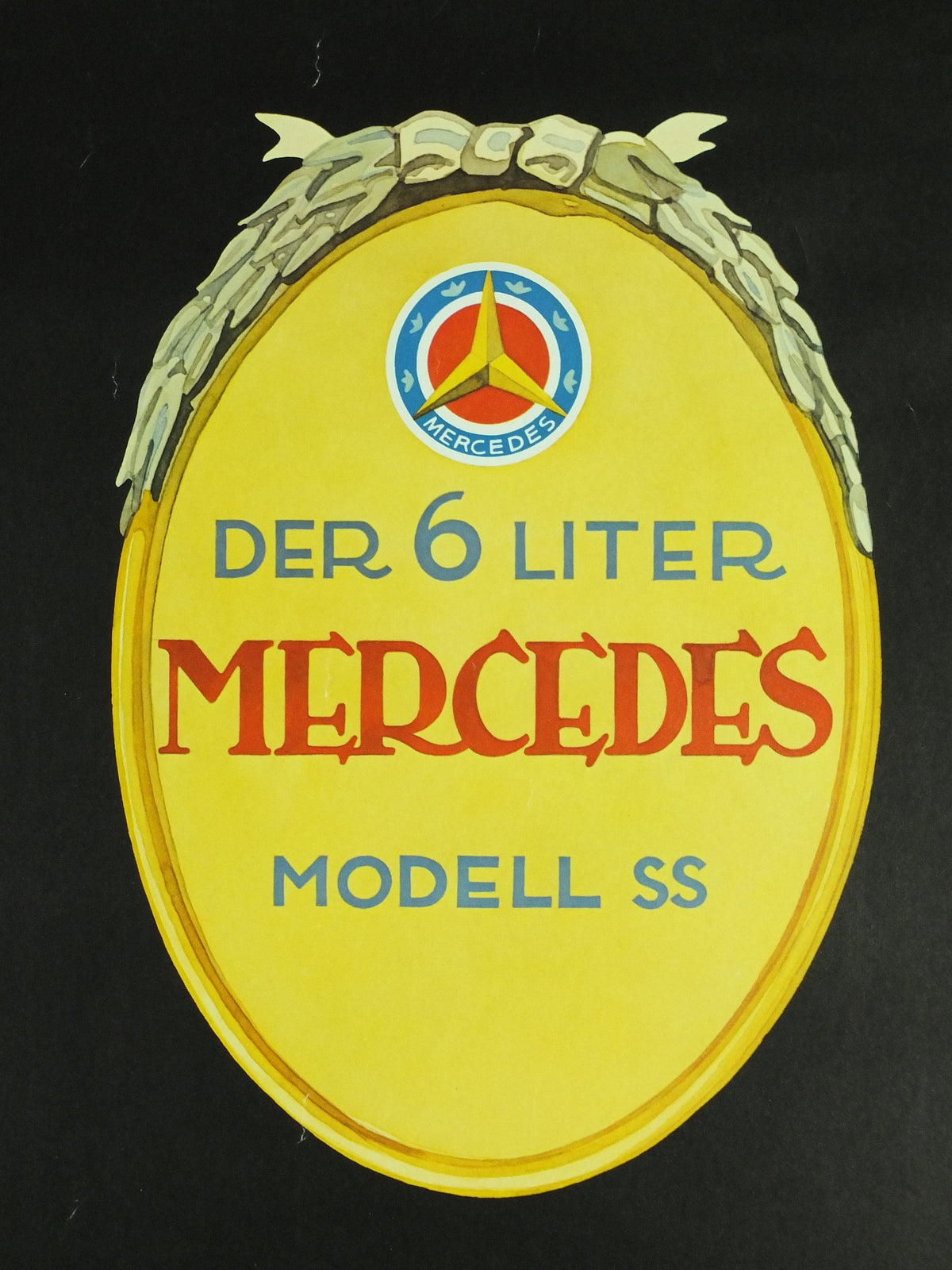 Vintage German Mercedes Benz Poster, 6 Litre Mercedes Model SS, art deco nouveau, Advertising print wall art 1980s