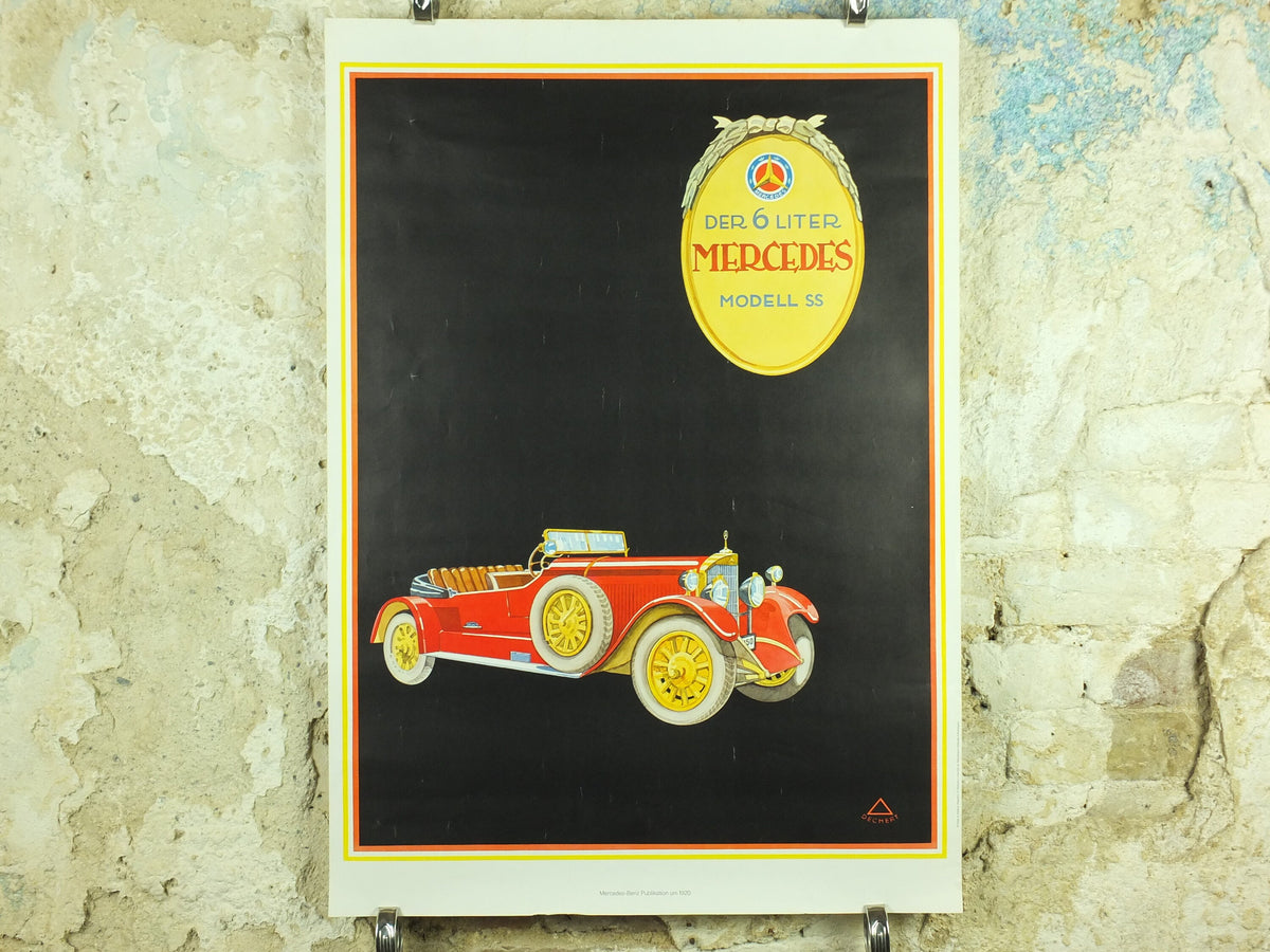 Vintage German Mercedes Benz Poster, 6 Litre Mercedes Model SS, art deco nouveau, Advertising print wall art 1980s