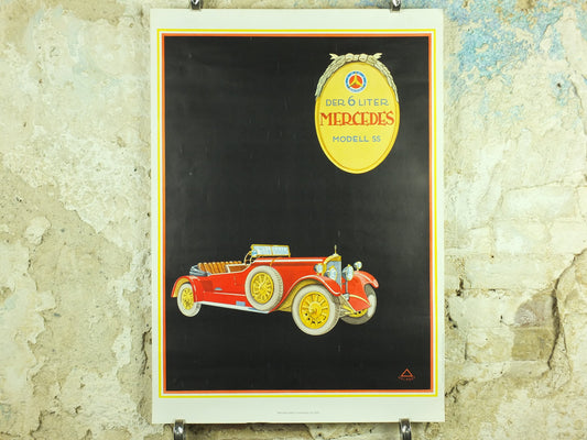 Vintage German Mercedes Benz Poster, 6 Litre Mercedes Model SS, art deco nouveau, Advertising print wall art 1980s